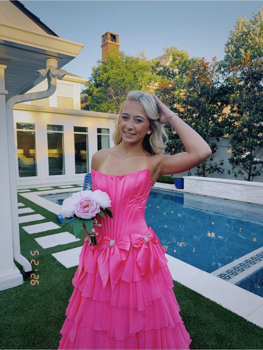 Sherri Hill Hot Pink Strapless Ruffled Ball Gown with Bow Accents - Picture 2 of 2